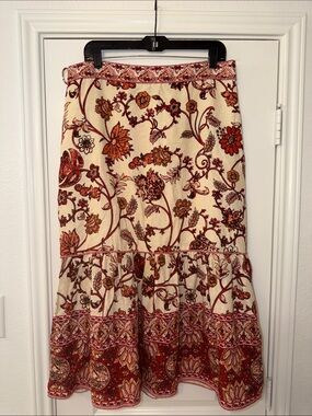 House of Harlow 1960 Cream Midi Skirt with Rust and Burgundy Floral Print